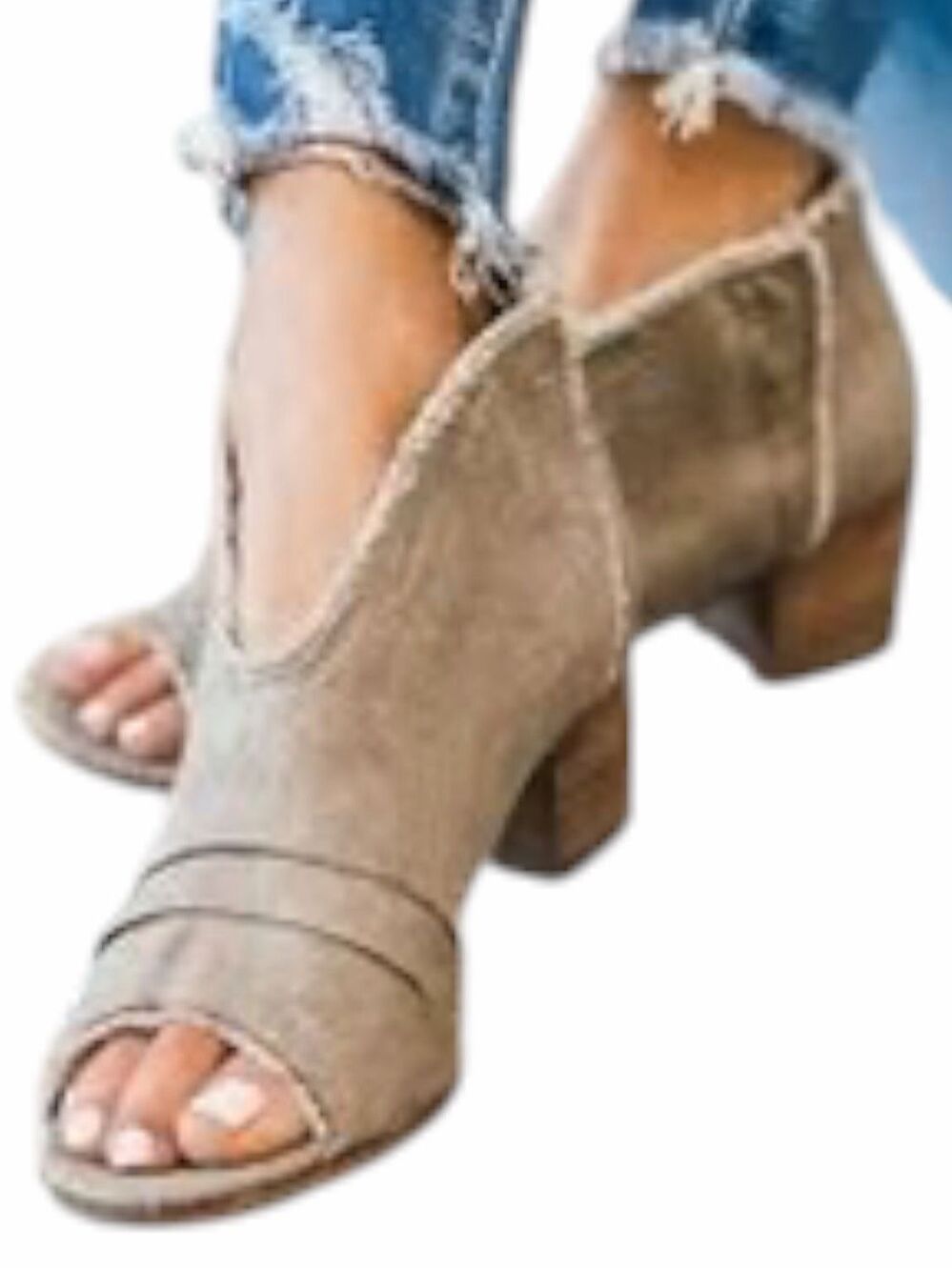 VERY G Solange Taupe Frayed Canvas Peep-Toe Block Heel Booties Size 8